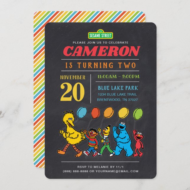 Sesame Street Pals | Chalkboard Balloons Birthday Invitation (Front/Back)