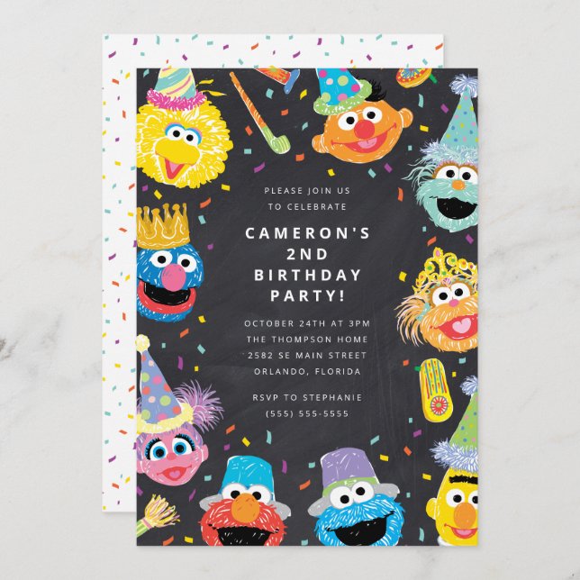 Sesame Street Pals Chalkboard Confetti Birthday Invitation (Front/Back)