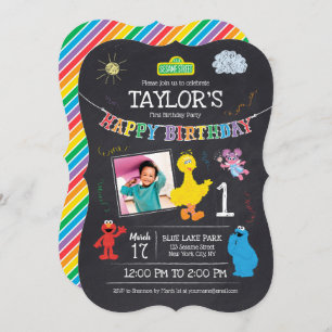 Sesame Street Pals Chalkboard Photo 1st Birthday Invitation