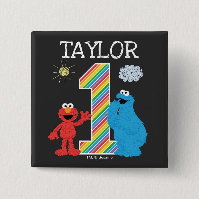 Sesame Street Pals Chalkboard Rainbow 1st Birthday 15 Cm Square Badge (Front)
