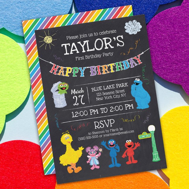 Sesame Street Pals Chalkboard Rainbow 1st Birthday Invitation (Creator Uploaded)