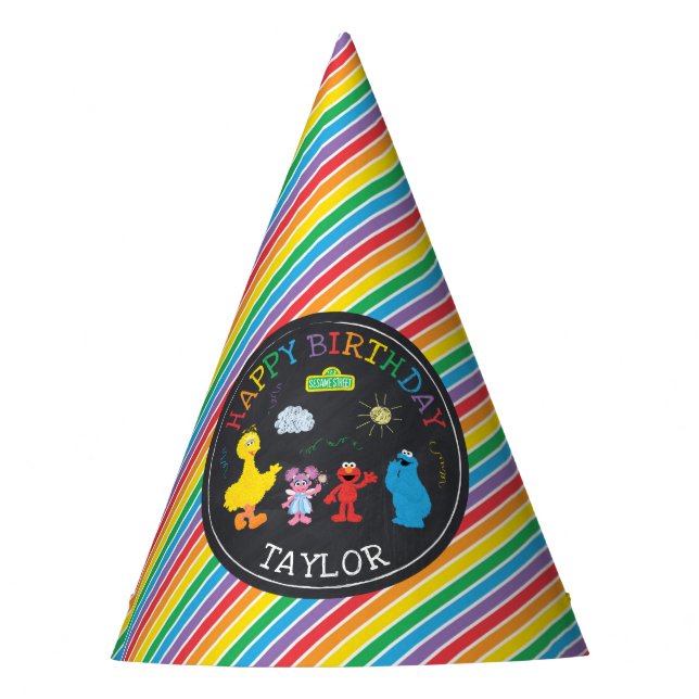 Sesame Street Pals Chalkboard Rainbow 1st Birthday Party Hat (Front)