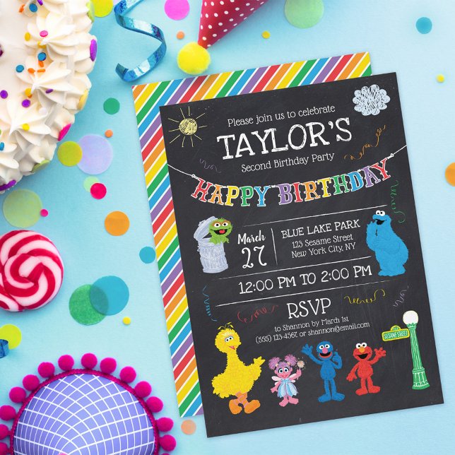 Sesame Street Pals Chalkboard Rainbow 2nd Birthday Invitation (Creator Uploaded)