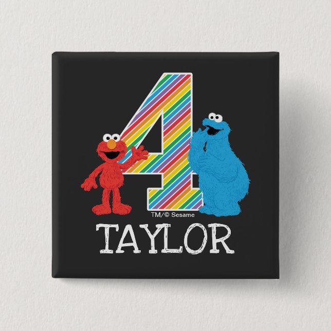 Sesame Street Pals Chalkboard Rainbow 4th Birthday 15 Cm Square Badge (Front)