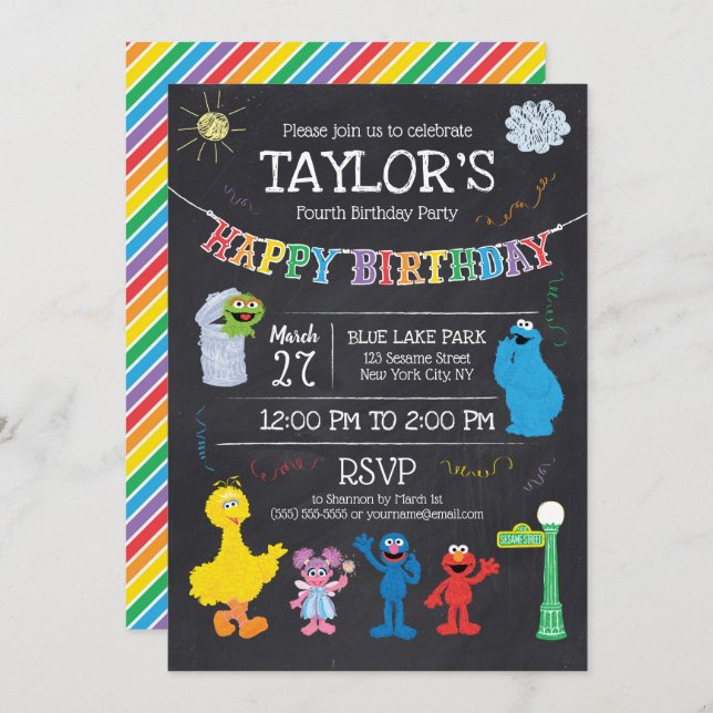 Sesame Street Pals Chalkboard Rainbow 4th Birthday Invitation (Front/Back)