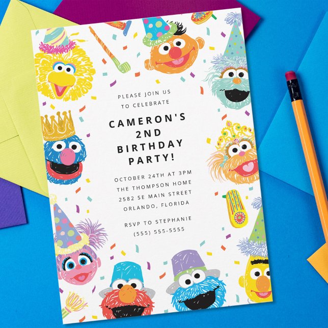 Sesame Street Pals Confetti Birthday Invitation (Invitation on table)