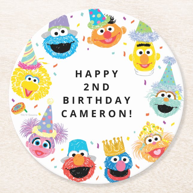 Sesame Street Pals Confetti Birthday Round Paper Coaster (Front)