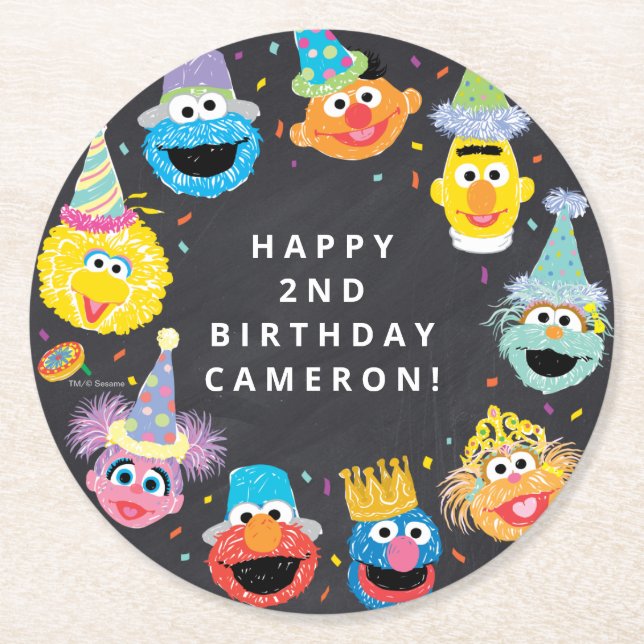 Sesame Street Pals Confetti Birthday Round Paper Coaster (Front)