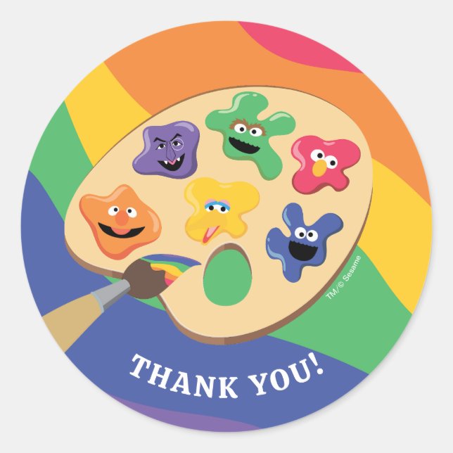 Sesame Street Pals Rainbow Art Party Thank You Classic Round Sticker (Front)