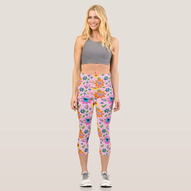 Sesame Street Pink Floral Pattern Capri Leggings (Front)