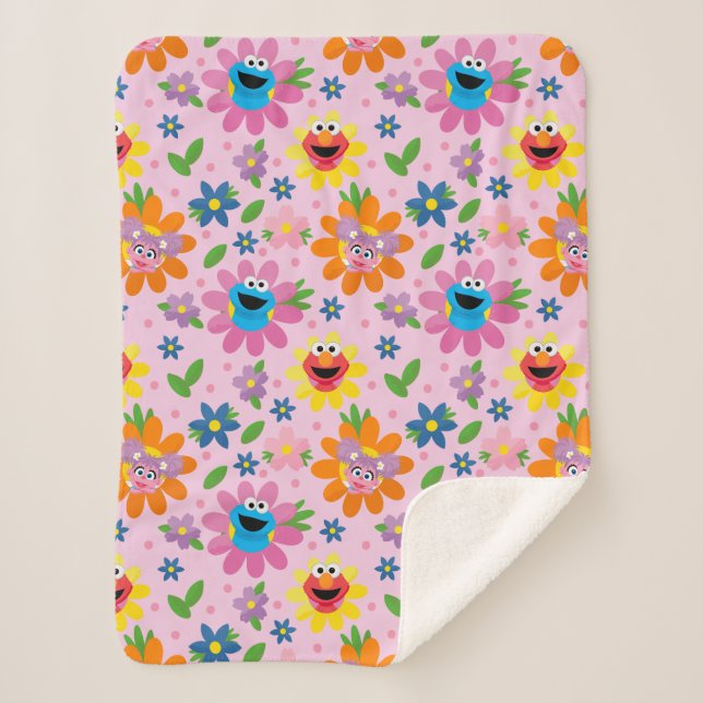 Sesame Street Pink Floral Pattern Sherpa Blanket (Front)