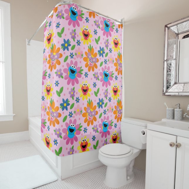 Sesame Street Pink Floral Pattern Shower Curtain (In Situ)