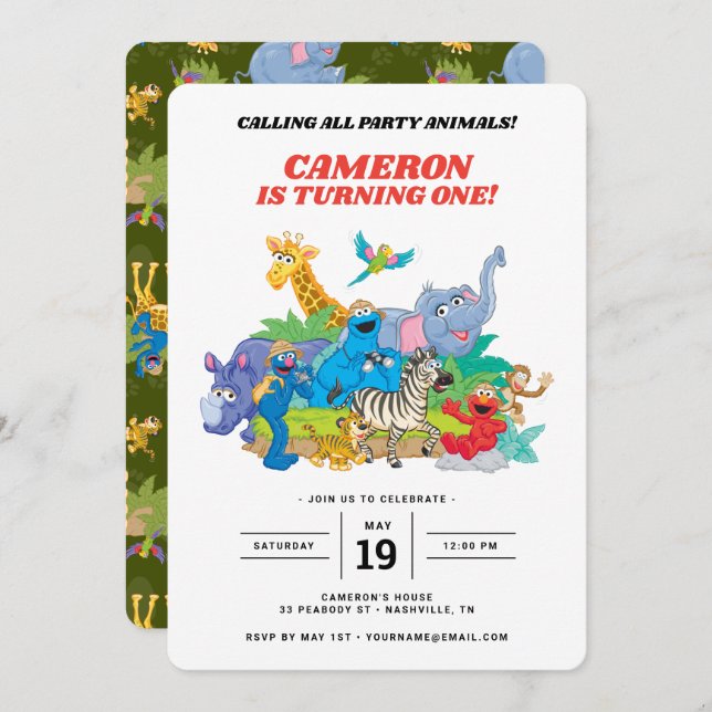 Sesame Street Safari Animals 1st Birthday Invitati Invitation (Front/Back)