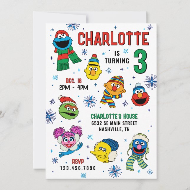 Sesame Street Winter Snowflakes Birthday Invitation (Front)