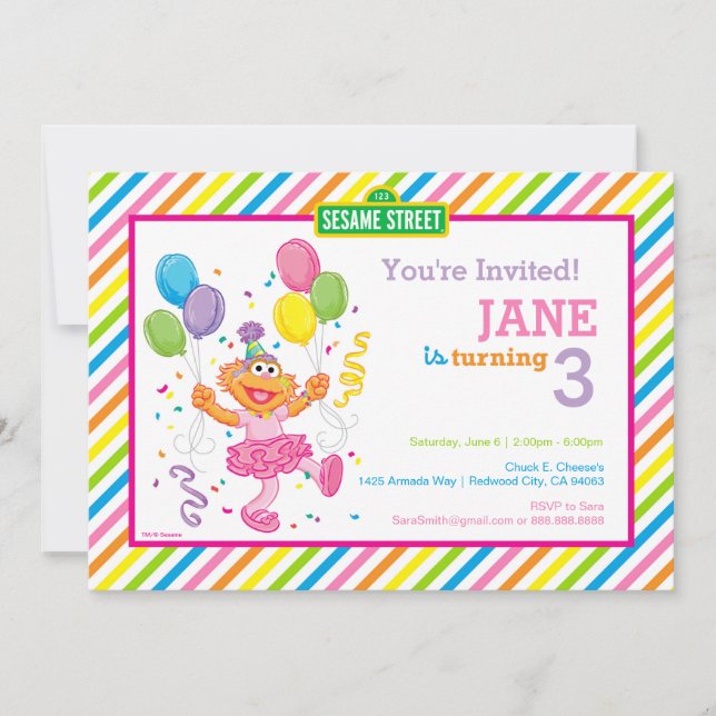 Sesame Street Zoe Striped Birthday Invitation (Front)
