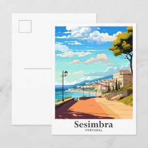 Sesimbra Portugal Art Vintage Travel Illustration Postcard