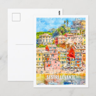 Sestri Levante Italy Famous Travel Watercolor Postcard