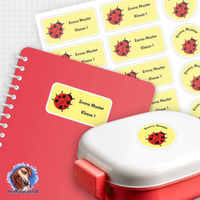 Set - 12 name stickers Marienkäfer - yellow | (12 runde und eckige Schulaufkleber im Set, Motiv Marienkäfer auf gelben Hintergrund)
