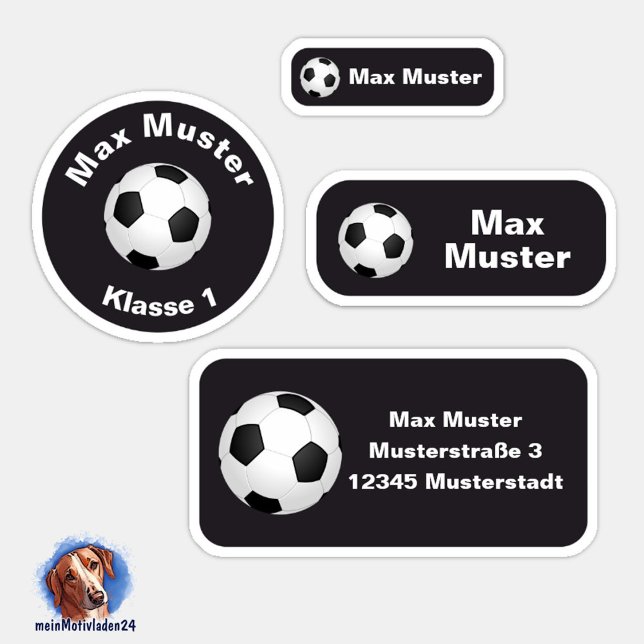 Set - 24 name labels black football | (Namensaufkleber Set für Kinder - Fußball schwarz - 24 teilig, personalisierbar )