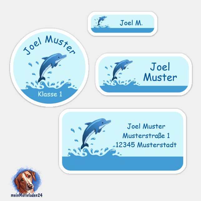 Set - 24 name sticker Delfin | (Namensaufkleber Set für Kinder - Delfin - 24 teilig, personalisierbar )