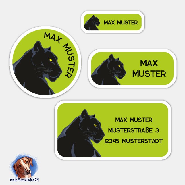 Set - 24 name stickers Black Panther green | (Namensaufkleber Set für Kinder - Schwarzer Panther grün - 24 teilig, personalisierbar )