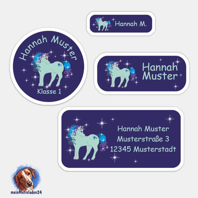 Set - 24 name stickers Fantasy Einhorn blue | (Namensaufkleber Set für Kinder - Fantasy Einhorn blau - 24 teilig, personalisierbar )