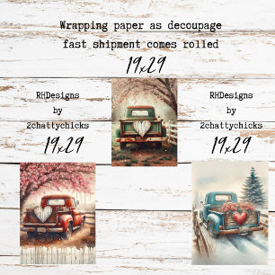  Set 3 Vintage Trucks & Hearts for Decoupage Wrapping Paper Sheet
