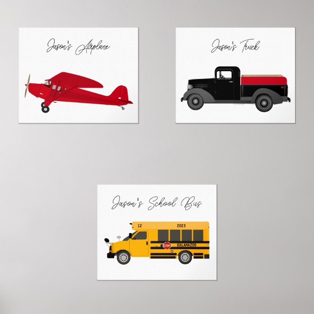 Set Art Prints Aeroplane Truck Bus Boy's Room (Front)