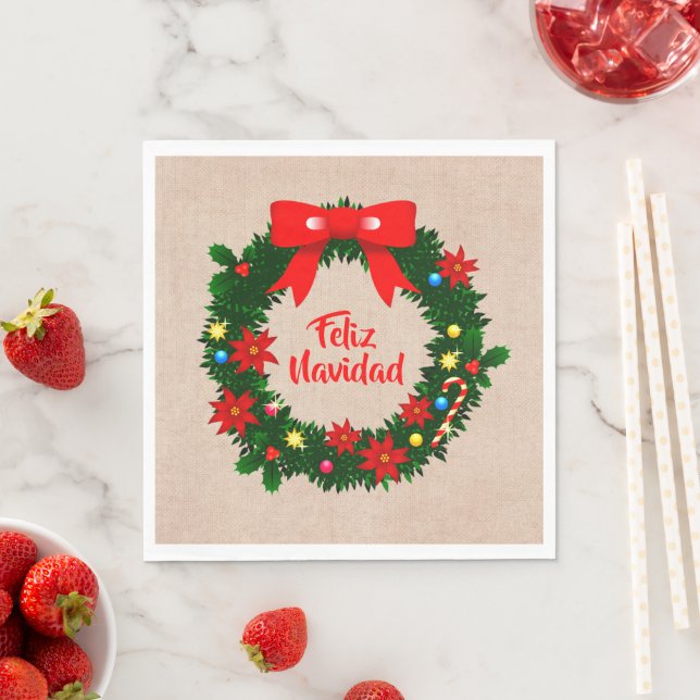 Set Feliz Navidad Merry Christmas Wreath Luncheon Napkin (Insitu)