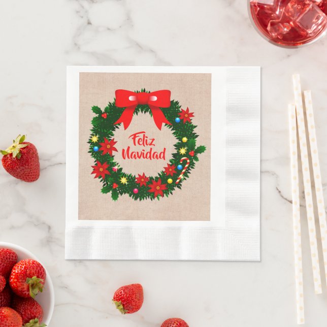 Set Feliz Navidad Merry Christmas Wreath Luncheon Napkin (Insitu)
