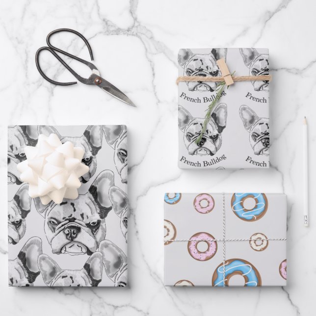 Set French Bulldog and doughnuts Pop Art  Wrapping Paper Sheet (Front)
