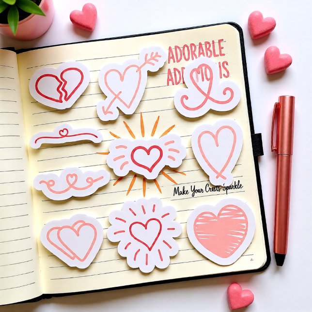 Set of 10 pink Valentine's Day hearts stickers (Soft Pink Valentine Heart – Set of 10 Love Designs Sticker)