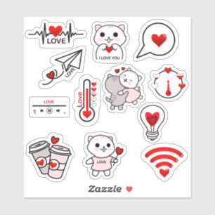 Set of 12 Valentines's Day cat Love stickers