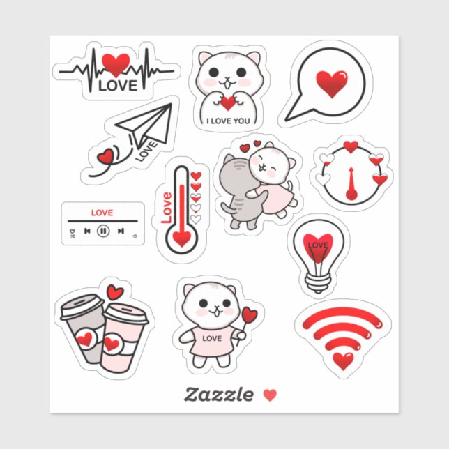 Set of 12 Valentines's Day cat Love stickers (Sheet)