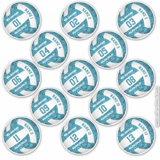 set of 13 girly teal white volleyball player names (Front)