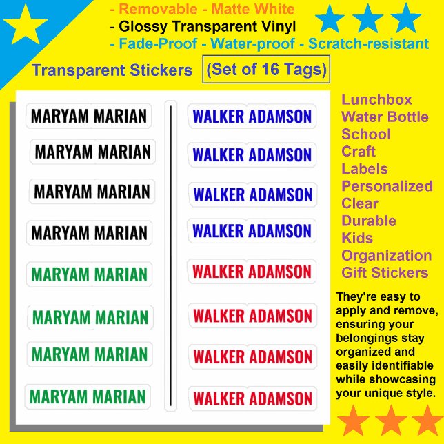 Set of 16 Colourful Tags, Transparent Name Sticker (Colorful Name Stickers
Transparent Stickers
Name Stickers
Waterproof Stickers)