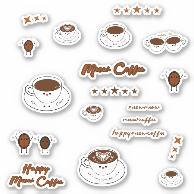 Set Of 19 Kawaii Meow Coffee Vinyl Sticker (Front)