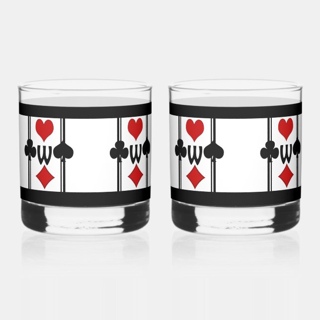 Set of 2 Art Deco Playing Card Suits with Monogram Whiskey Glass (Front)