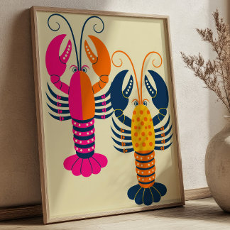 Set of 2 Cute Lobsters Colourful Stylised Seafood Poster