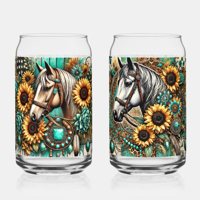 Set of 2 Horse and Sunflower  Can Glass (Front)