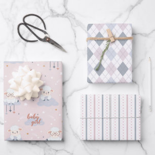 Set of 3-Baby Lambs,Argyle,Stripes Pink Grey White Wrapping Paper Sheet