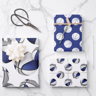 set of 3 blue grey team colours basketball wrapping paper sheet