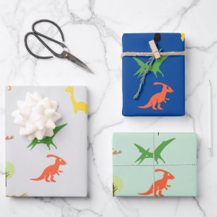 Set of 3 Colourful Dino Forest for Kids Wrapping Paper Sheet