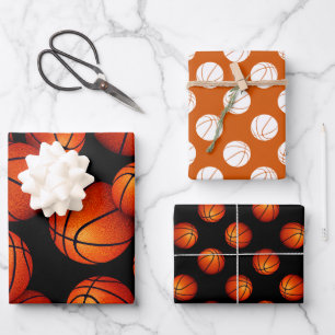 set of 3 coordinating basketball wrapping paper sheet