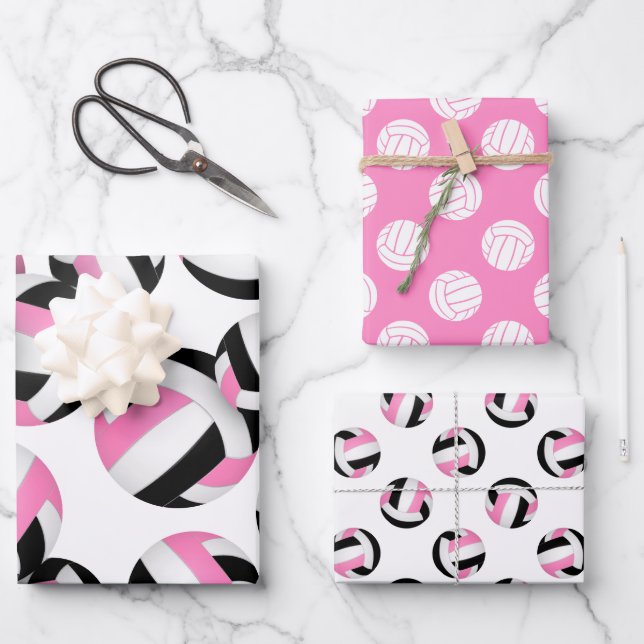 set of 3 coordinating black pink volleyballs wrapping paper sheet (Front)