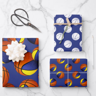 set of 3 coordinating blue gold basketballs wrapping paper sheet