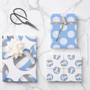 set of 3 coordinating light blue grey volleyball wrapping paper sheet