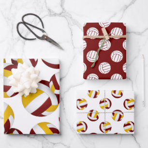 set of 3 coordinating maroon gold volleyball wrapping paper sheet