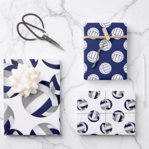 set of 3 coordinating navy blue grey volleyball wrapping paper sheet