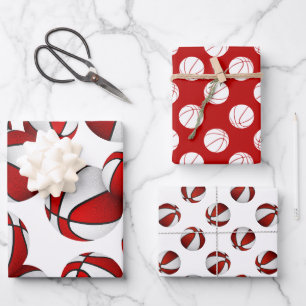 set of 3 coordinating red team colours basketball wrapping paper sheet